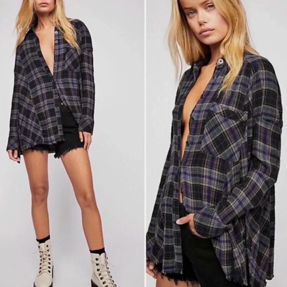 Free People Womens S Purple Plaid Juniper Ridge Button Down Oversized Shirt